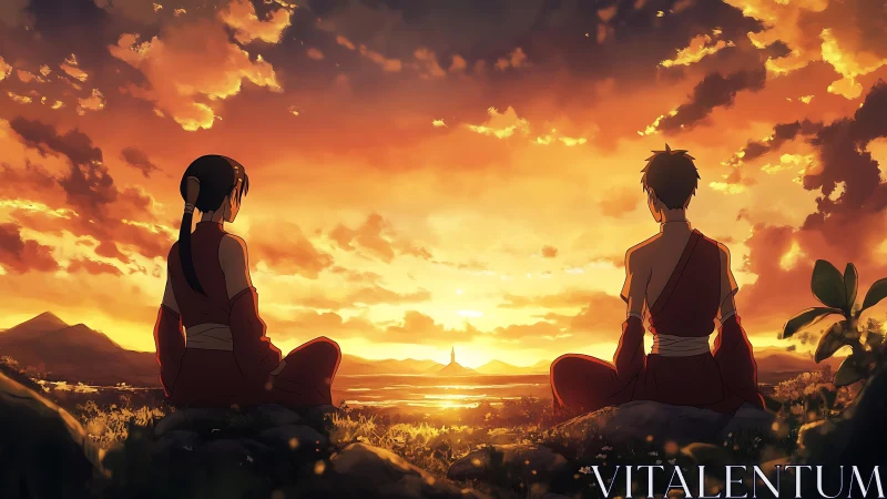 Two robed figures seated before wide sunset landscape.