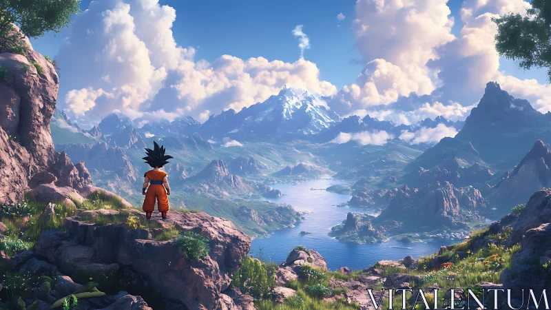 Young adventurer overlooking a vast, dreamlike valley.