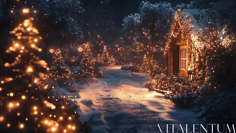 Snow-covered cabin and trees with dense winter string lights.