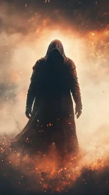 Hooded figure in long coat amid dense smoke and sparks.