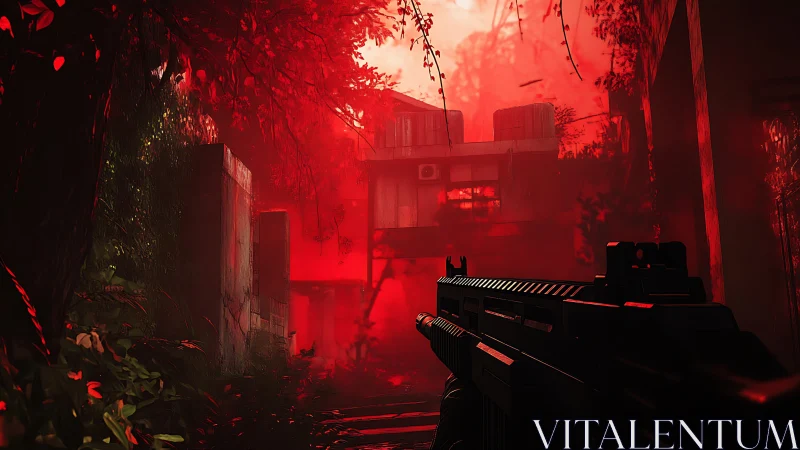 Armed figure in red lit overgrown urban ruin environment.