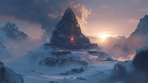 Frozen pyramid citadel under glowing mountain sunrise.