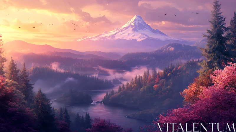 Sunlit alpine peak over misty river valley at dusk.