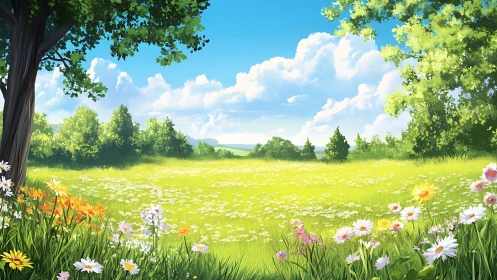 Sunlit wildflower meadow extends under cumulus-rich summer sky