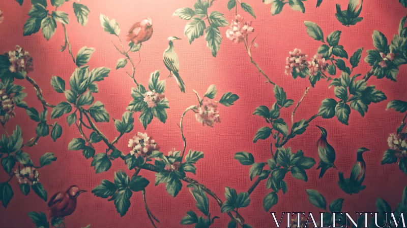 Floral chinoiserie birds pattern rendered on coral ground