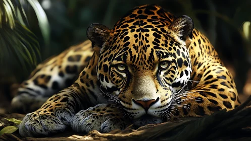 Low-angle close-up study of resting jaguar under controlled rim lighting