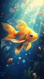 Vibrant goldfish illuminated by caustic sunbeams underwater