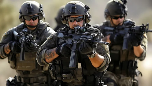 Special forces unit advances with tactical precision outdoors