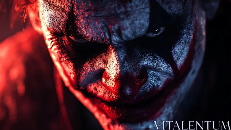 Sinister clown close-up under intense red side lighting.