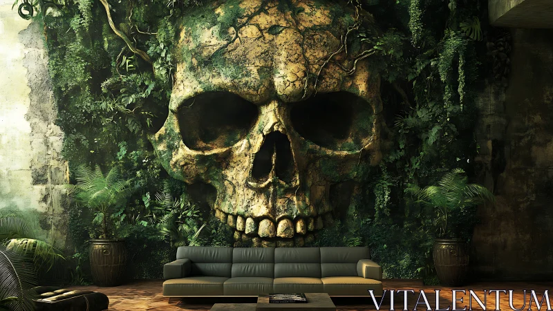 Vine‑covered stone skull mural dominating lush lounge wall.