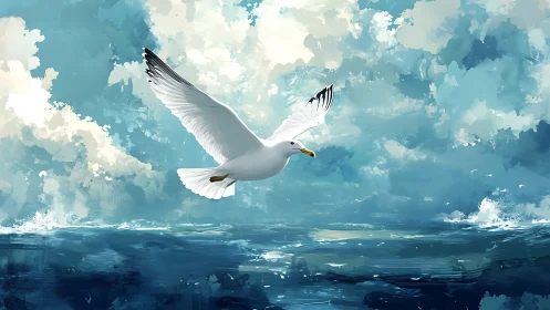 Seagull in mid-flight over turbulent painterly seascape