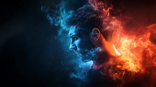 Male profile rendered with opposing blue and red smoke effects