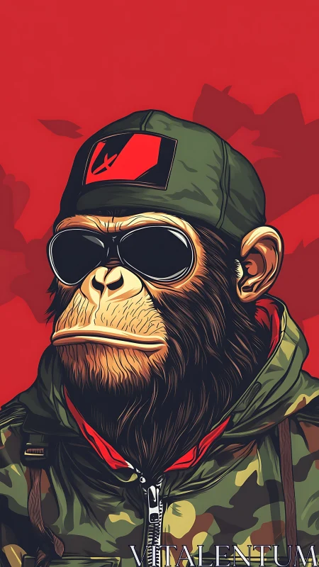 Urban tactician ape in camo swagger against blazing red sky.