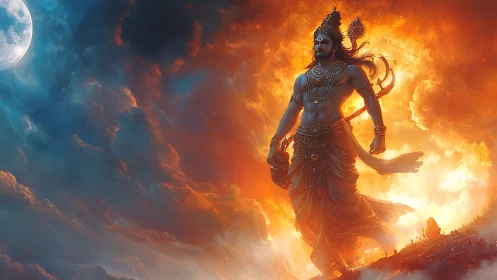 Moonlit sky warrior strides through molten dawn firestorm.