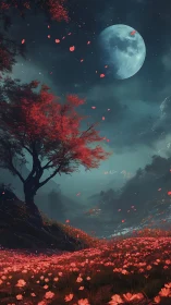 Moonlit red meadow welcomes quiet night wanderers