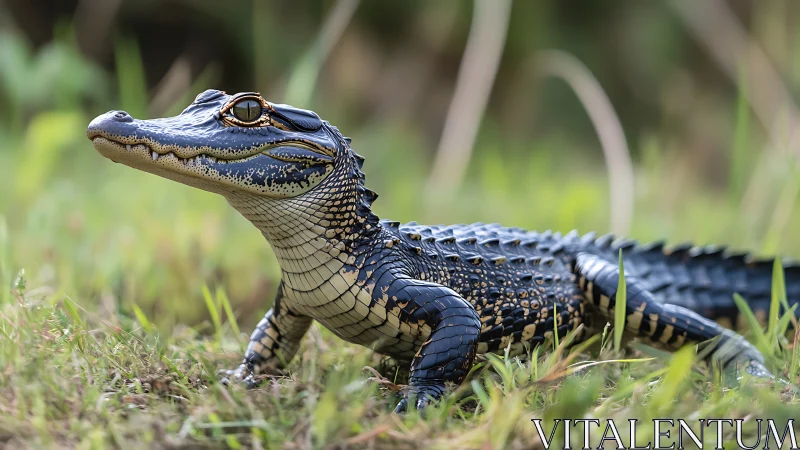 Young alligator resting alertly on grassy wetland ground.
