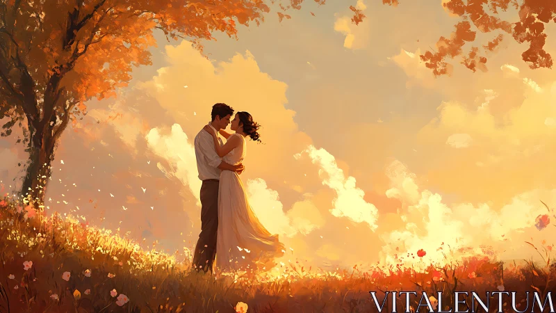 Couple Embracing in Golden Autumn Sunset Field