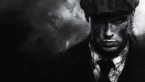 Brooding noir gangster dissolves into swirling darkness.