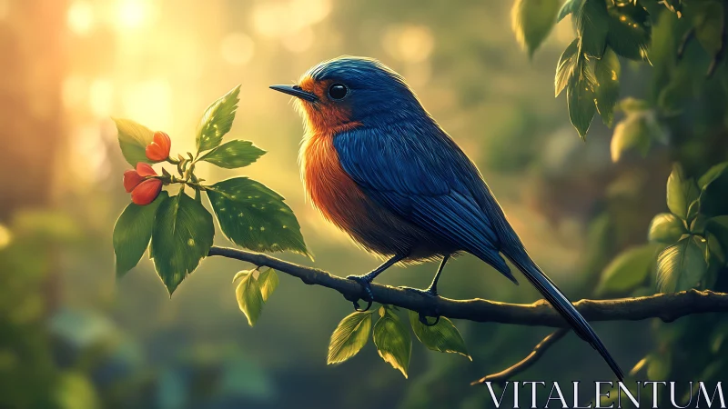 Vibrant blue and orange bird perched on branch in soft sunlight.