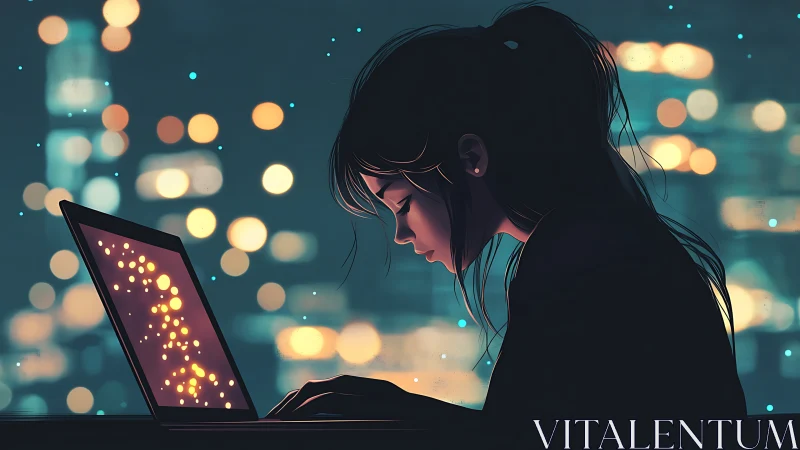 Silhouetted woman at laptop against defocused urban bokeh