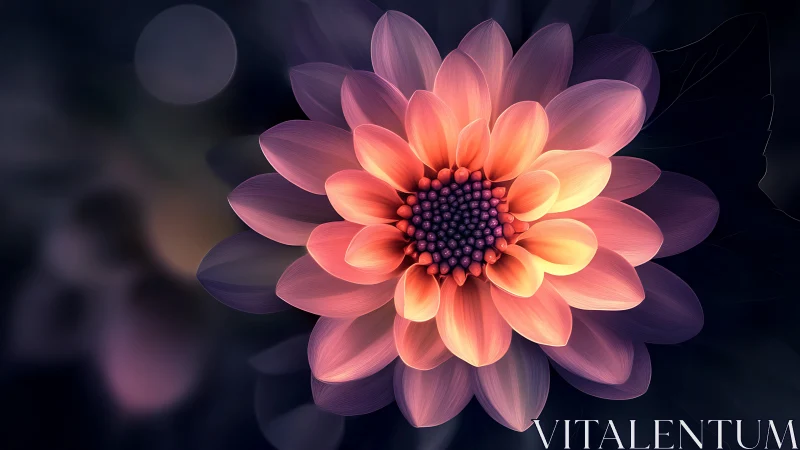 Luminous Dahlia Bloom with Radiant Core Against Dark Background