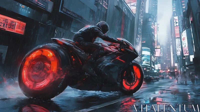 Neon hoverbike cuts through rain soaked cyberpunk city.