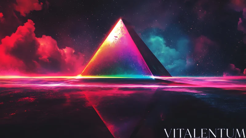 Neon prism pyramid stands over reflective liquid horizon