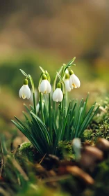 Snowdrops in Early Spring Bloom Among Moss.