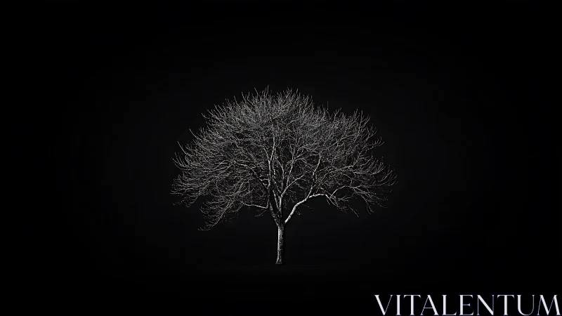 Single bare tree isolated on deep black background.
