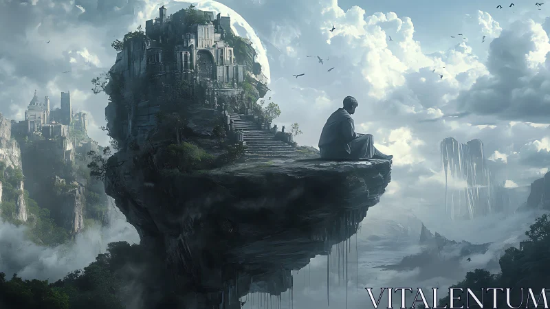 Solitary figure contemplates ancient skyborne citadel at dawn