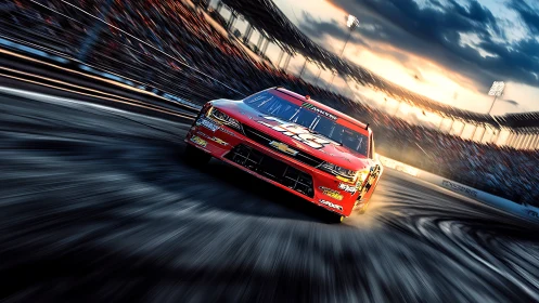 Red stock car attacks night oval under blazing floodlights.