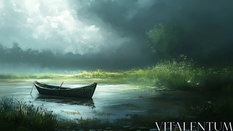 Solitary green rowboat adrift beneath stormlit meadow sky.