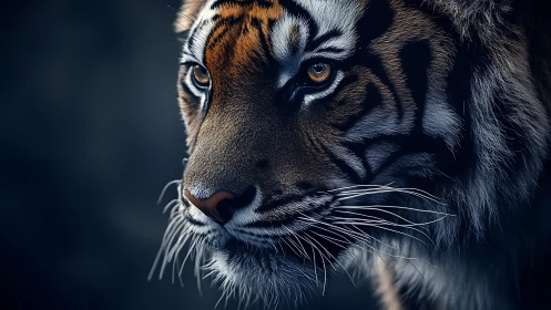 Close tiger portrait in low light with sharp whiskers.