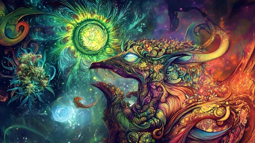 Cosmic dragon blooms in swirling galaxies of color.