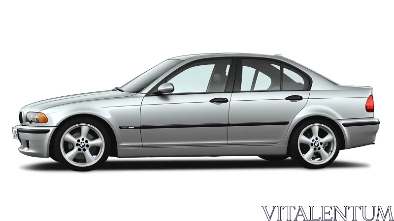 Silver sedan side profile on white background, isolated.