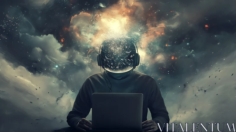 Cosmic creator sits at laptop while galaxies swirl in thought