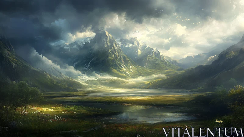 Sunlit mountain valley with misty peaks and tranquil lake.
