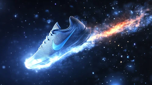 Astro-dynamic running shoe with plasma trail in stellar void.