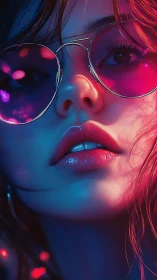 Neon-lit portrait captures reflective glasses and glossy lips