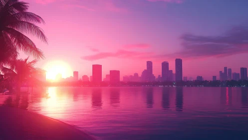 Neon sunset lagoon kissing a dreamy synthwave skyline.
