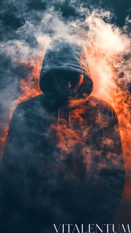 Hooded silhouette in volumetric smoke with orange rim lighting