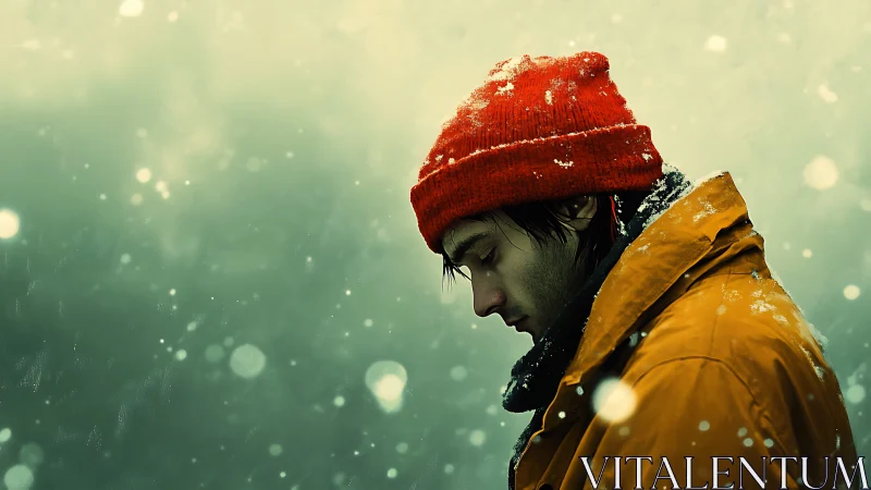 Side profile of person in snowfall wearing red hat and coat