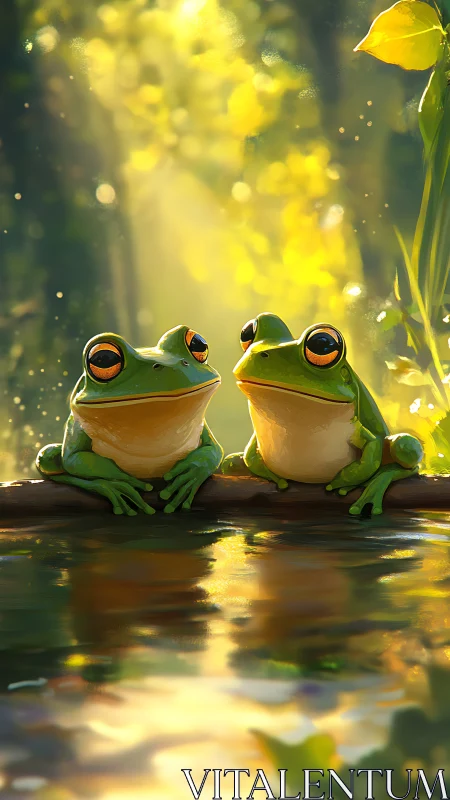 Two green frogs rest on sunlit branch above golden pond