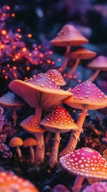 Luminous fantasy mushrooms glow under neon forest dusk.