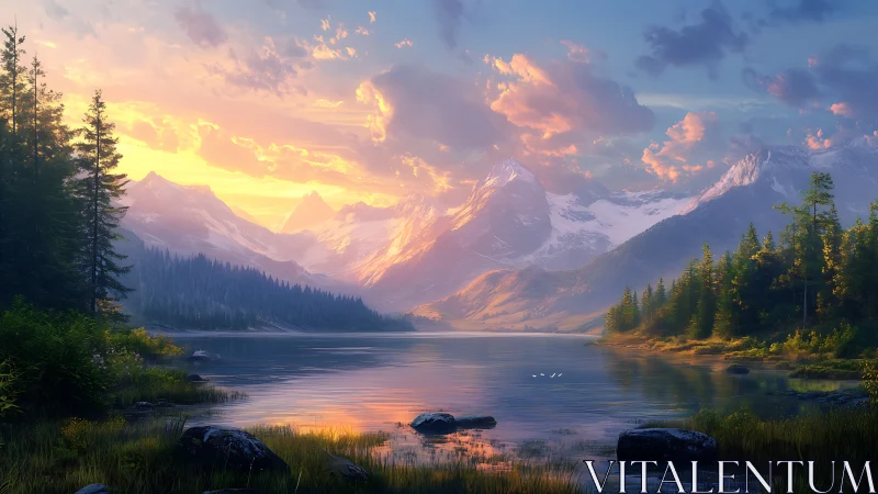 Sunlit alpine lake with volumetric clouds and atmospheric depth