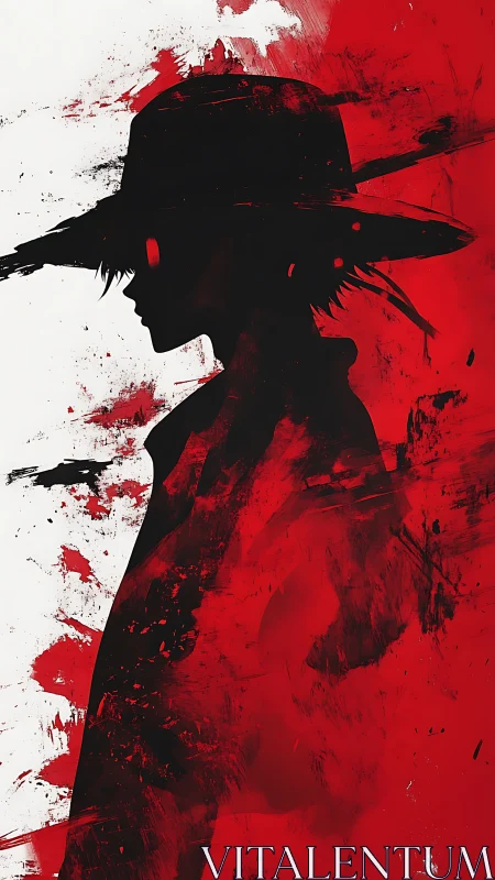 Graphic red silhouette portrait in expressive ink style.