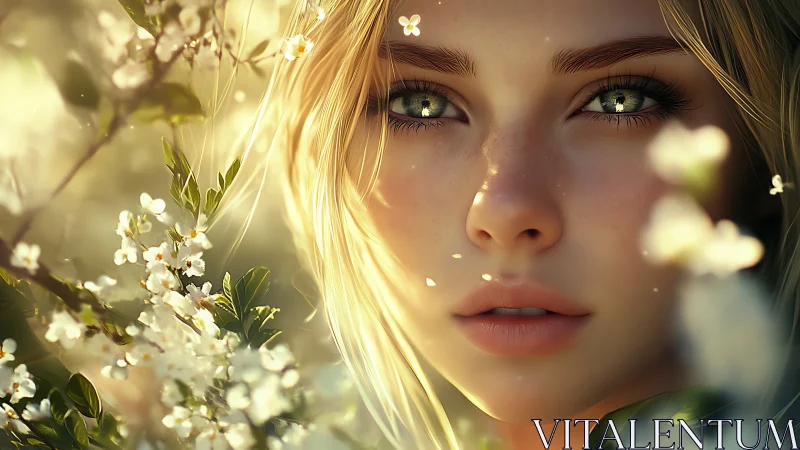 Springlit gaze among blossoms and whispered daylight secrets.