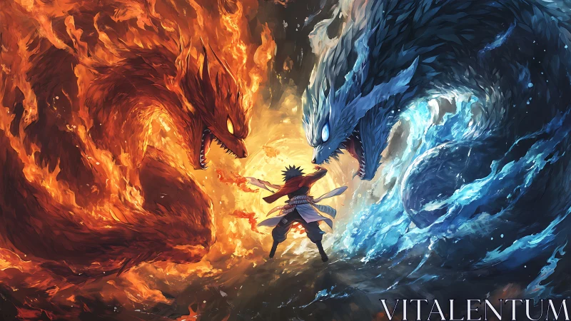 Elemental warrior between fire dragon and ice dragon.