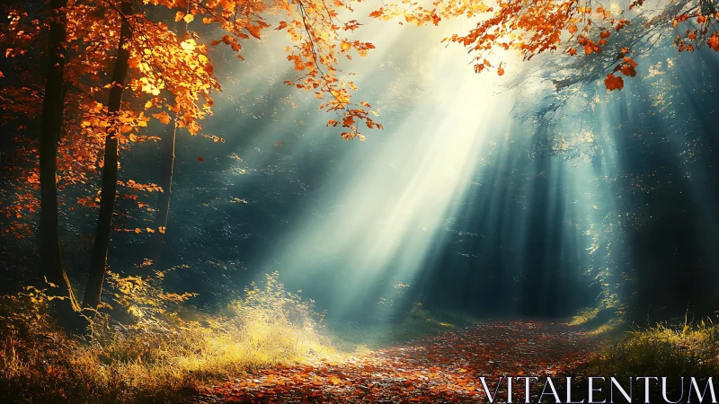 Deciduous Forest Canopy with Volumetric Light Rays in Autumn