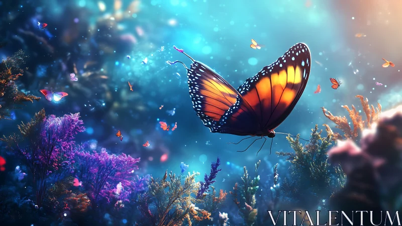 Monarch dreamdrift over neon corals in liquid twilight.